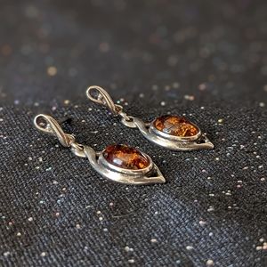 Vintage Silver and Baltic Amber Dangle Earrings
